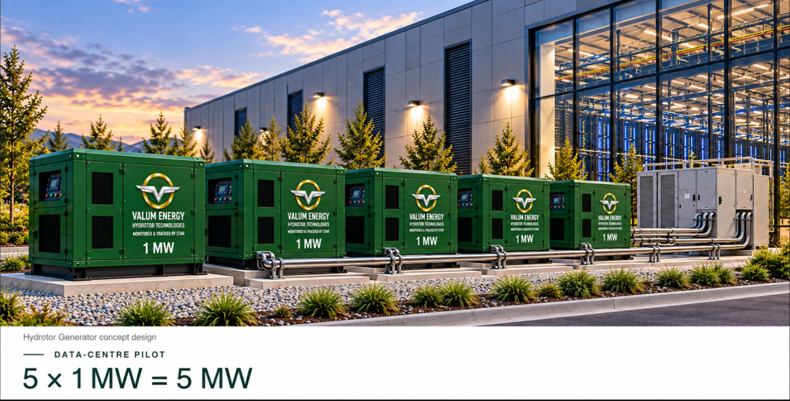 Concept illustration of five 1 MW Hydrotor units at a data centre
